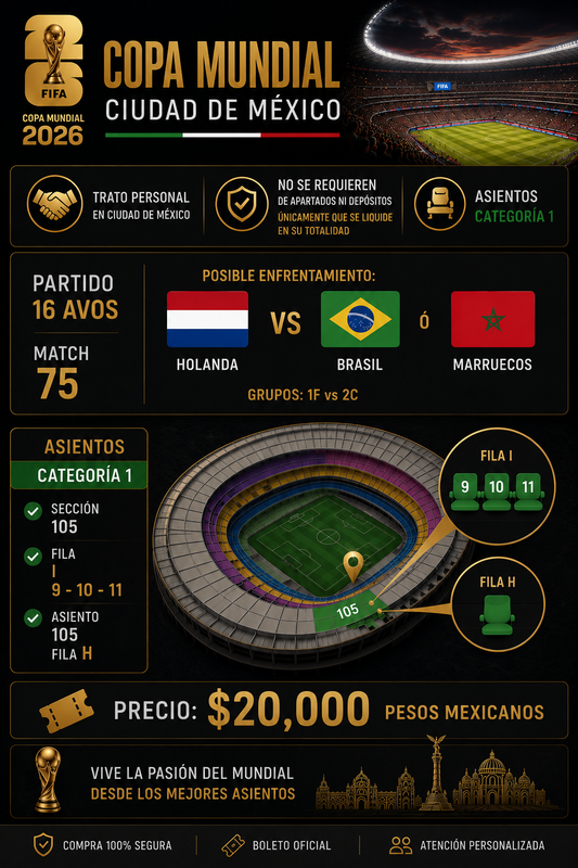 Boletos Mundial 2026 | Match 75 MTY | Categoría 1 | Fila I 9 - 10 - 11 y Fila H 11