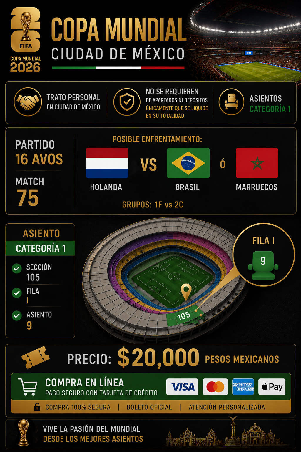Boletos Mundial 2026 CDMX | Match 75 MTY | Categoría 1 | Fila I Asiento 9